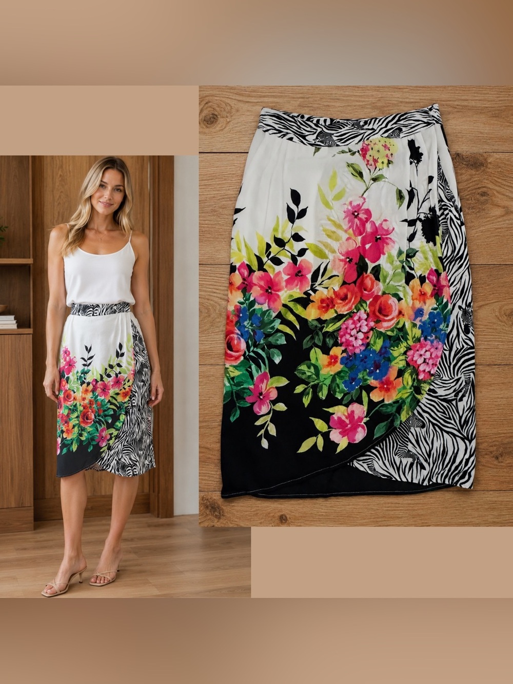 Johnny Was Floral & Zebra Print Wrap Midi Skirt